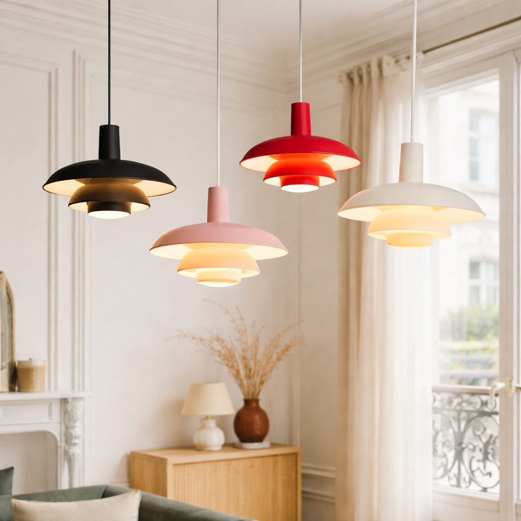 Danish Style Red Pendant Light – Modern Layered Ceiling Lamp