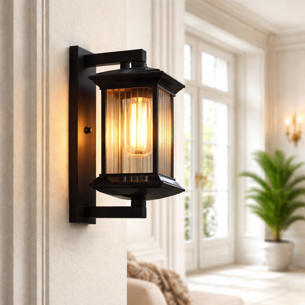 Classic Outdoor Wall Lantern – Black Metal & Glass Exterior Wall Light