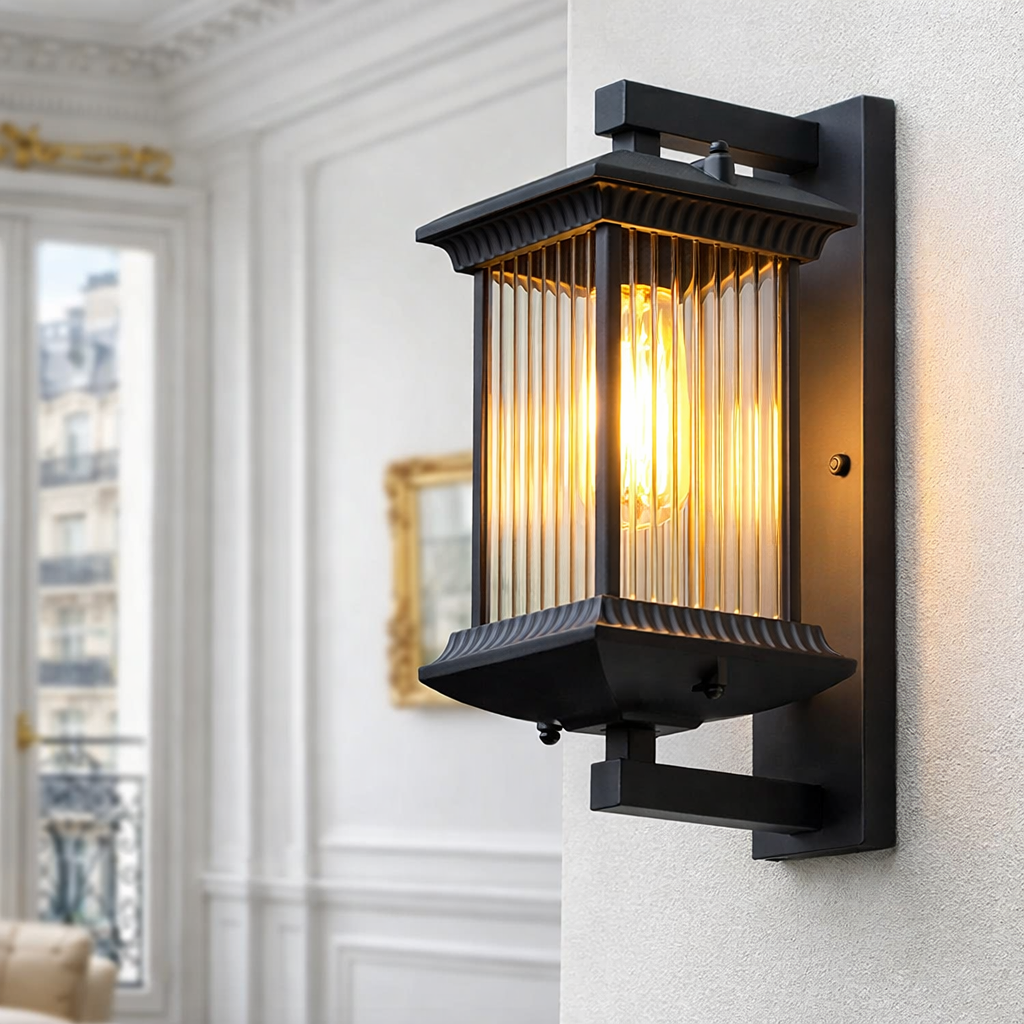 Classic Outdoor Wall Lantern – Black Metal & Glass Exterior Wall Light
