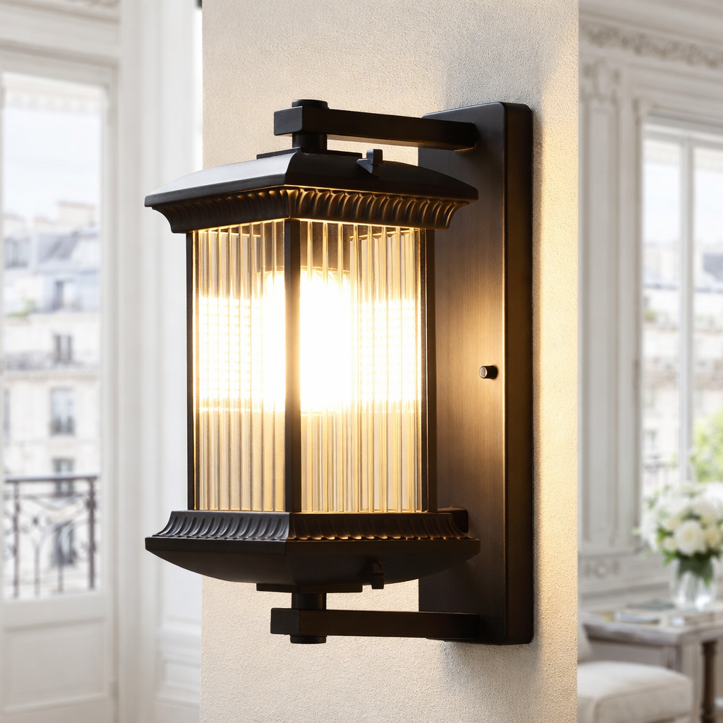 Classic Outdoor Wall Lantern – Black Metal & Glass Exterior Wall Light