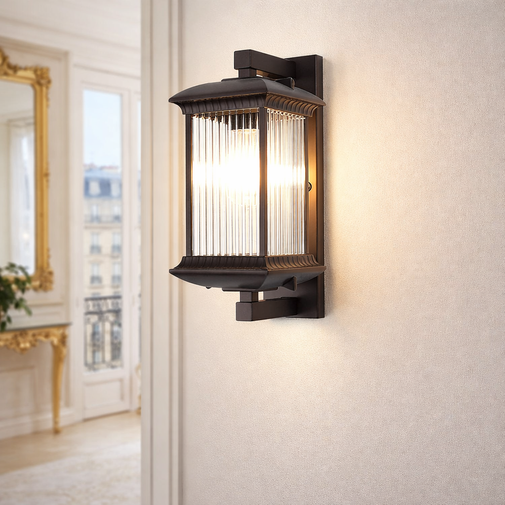 Classic Outdoor Wall Lantern – Black Metal & Glass Exterior Wall Light