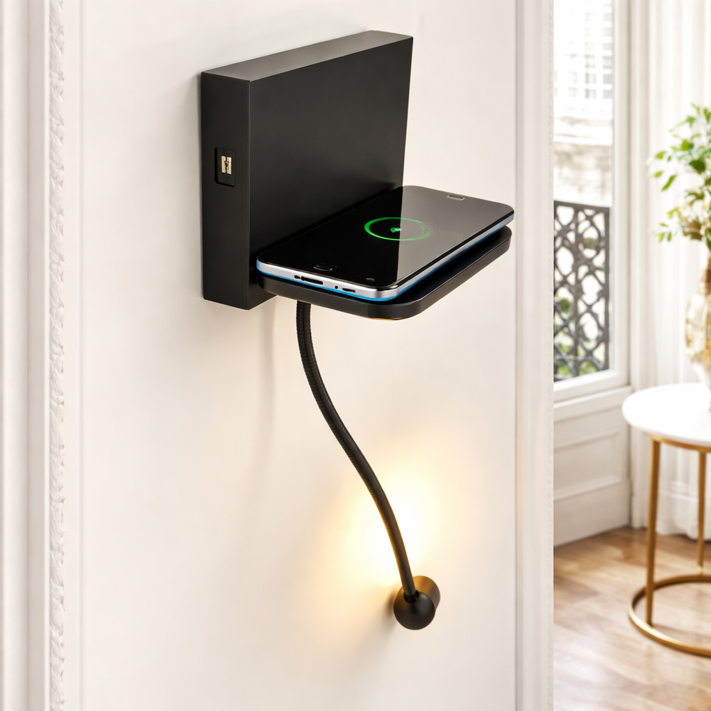 LED Wall Spot Light – Modern Wall-Mounted, Adjustable Spotlight with Wireless Phone Charger